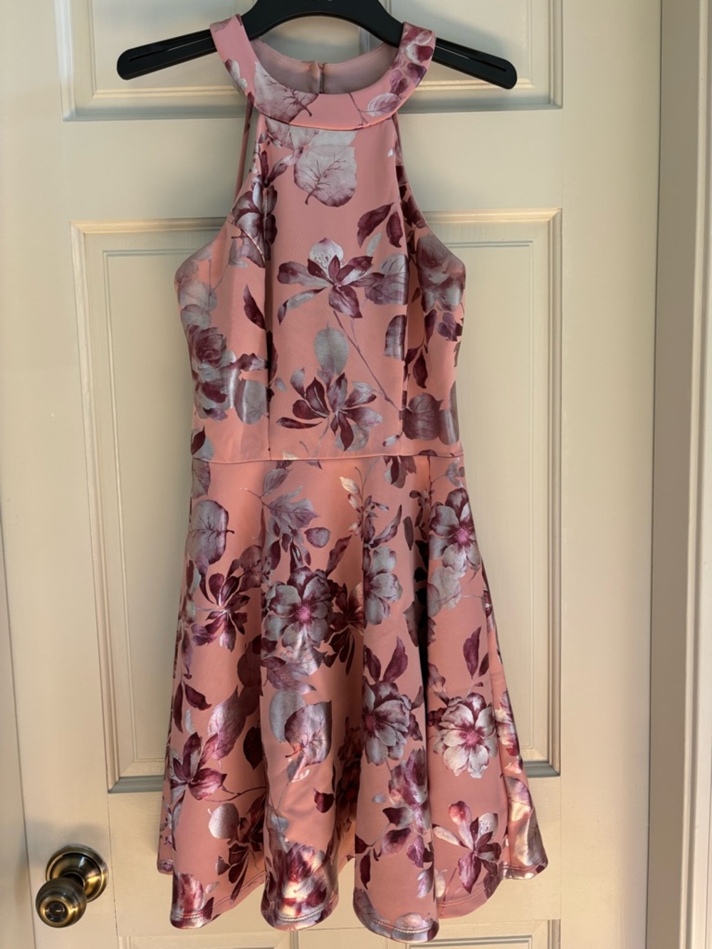 B Darlin Pink Floral Halter Mini Dress with Silver Floral Accents